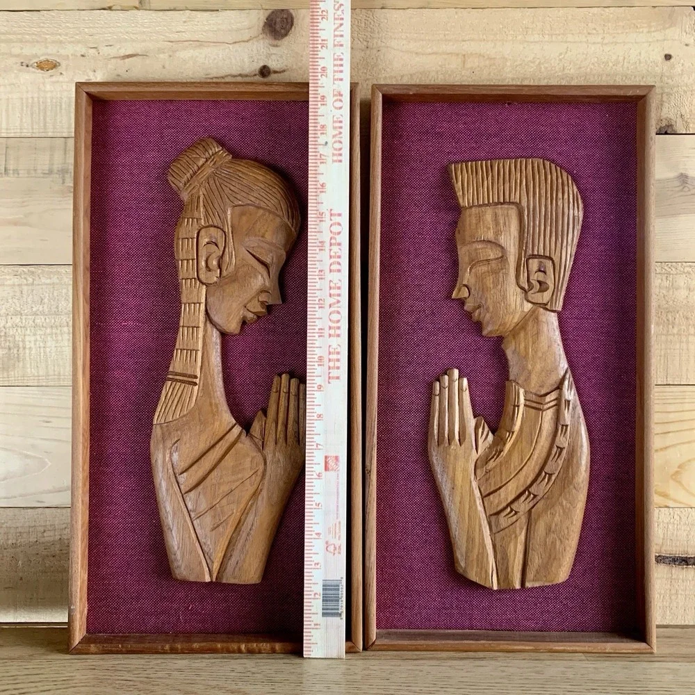 2 Wall Art Hangings Namaste Lady Man Praying Carved Wood Teak VTG Tribal African